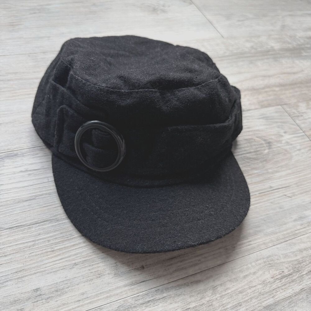 Vintage Y2K Black Wool Blend Military Cadet Cap Women Newsboy Hat Buckle Detail